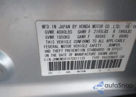 2007 Honda Accord 2.4 Vp z USA, uszkodzony, nr VIN JHMCM561X7C011125
